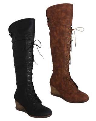 WOMENS BOOTS LACE UP FUR COLLAR KNEE HIGH WEDGE BOOTS SHOES UK LADIES 