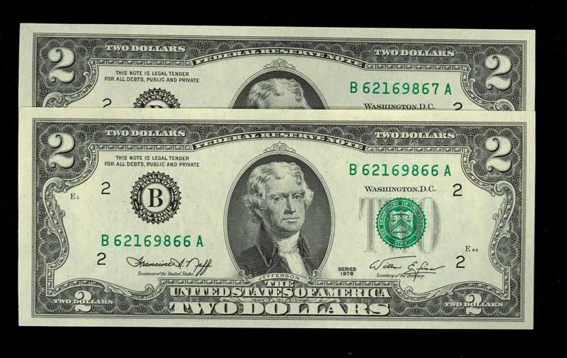 Here are TWO consecutively numbered $2 Green Seal United States 