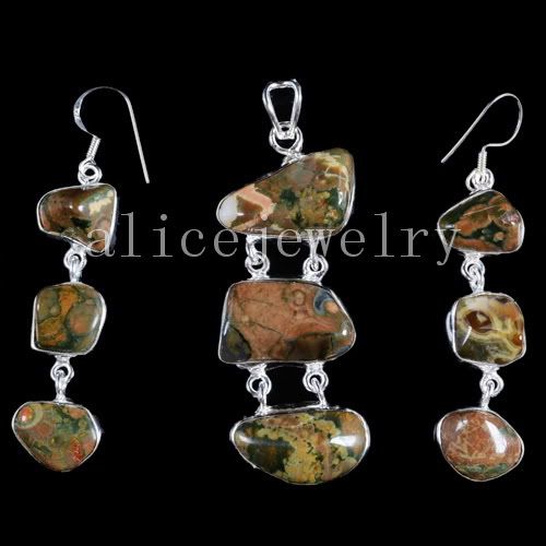 29g RARE 925Silver Rainforest Jasper Pendant Set Y01540  