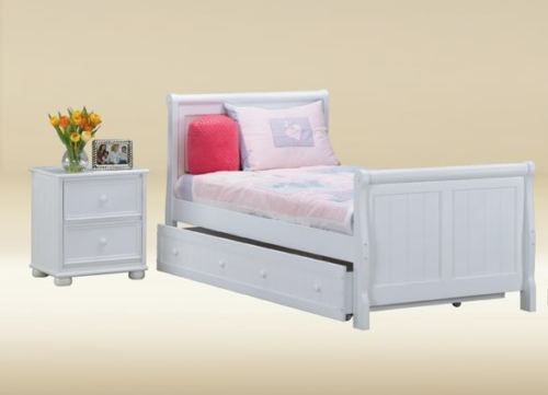 SLEIGH WHITE FINISH WOOD TWIN BED W/ UNDER BED TRUNDLE  