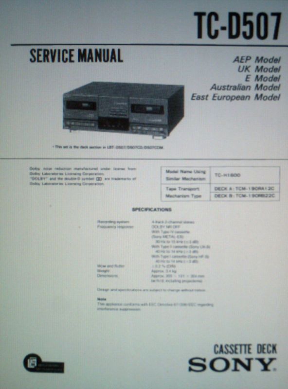 SONY TC D507 STEREO CASSETTE DECK SERVICE MANUAL BOUND  