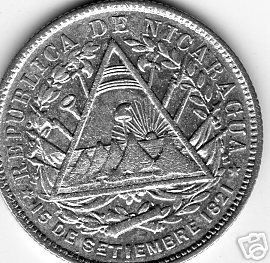 NICARAGUA K7 20 CENTAVOS,1383 1887 1 YEAR TYPE.8000 SILVER ALMOST 