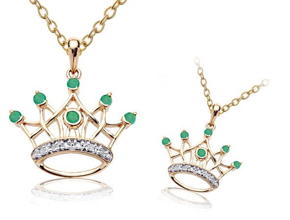 Natural Emerald & diamond Gold Crown Pendant & Chain  
