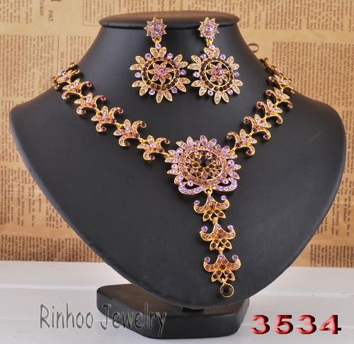   1set Purple rhinestone religious necklace earrings gold plated #30200
