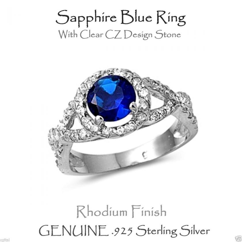 Sapphire Blue & Clear CZ Ring   RHODIUM, Sterling Silver,Sizes 5   10 