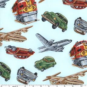 Aqua Way to Go, Michael Miller Kids, Retro Car Plane Airplane Train 